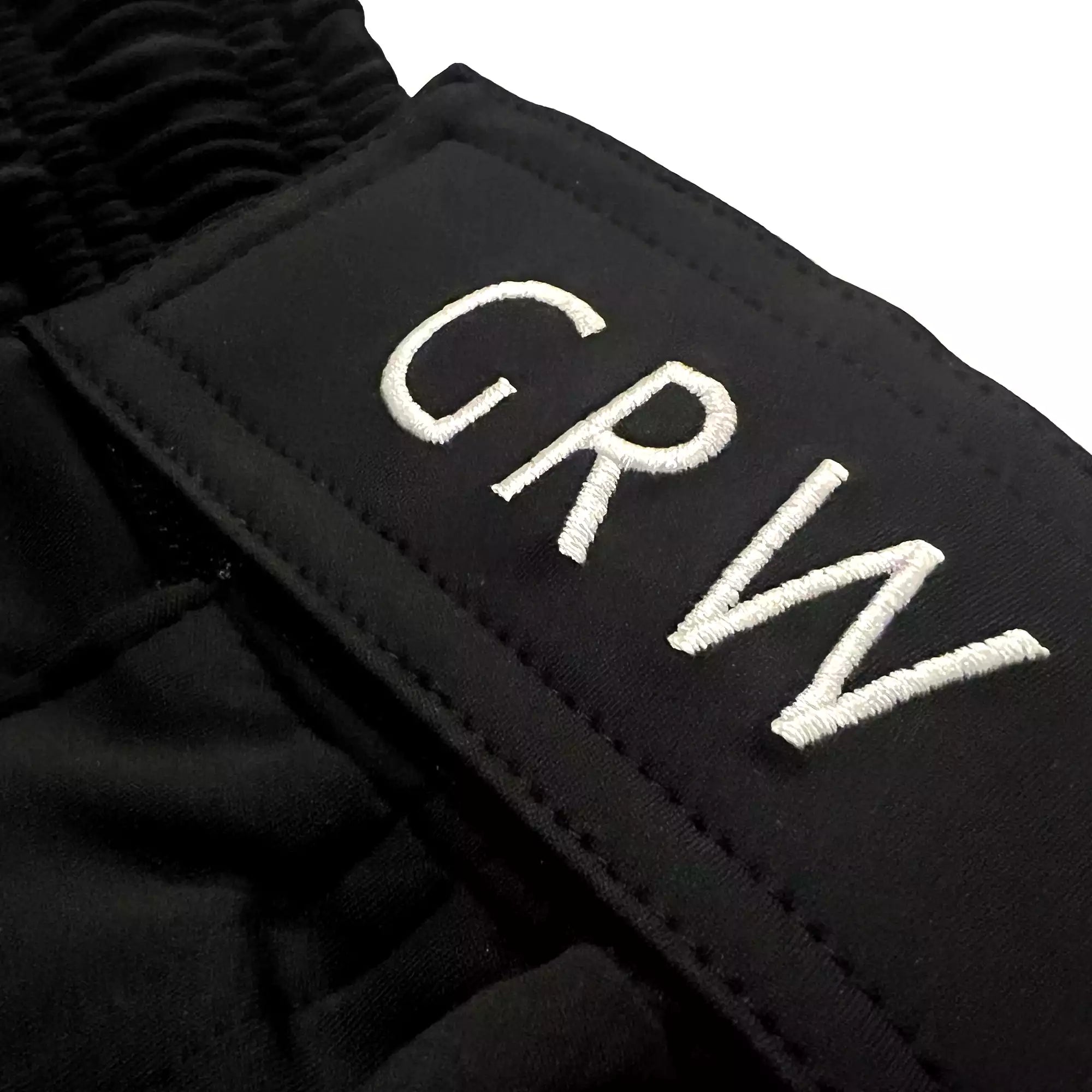 GRW black Jiu Jitsu BJJ Fight grappling shorts four 4 way stretch elastic logo buckle embroidery close up
